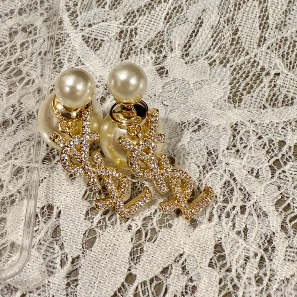 Yves Saint Laurent Gold and Pearl Logo Earrings - Picture 4 of 4